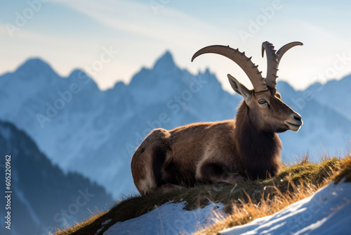 Alpine Ibex enjoys the morning sun in the alps © alisaaa