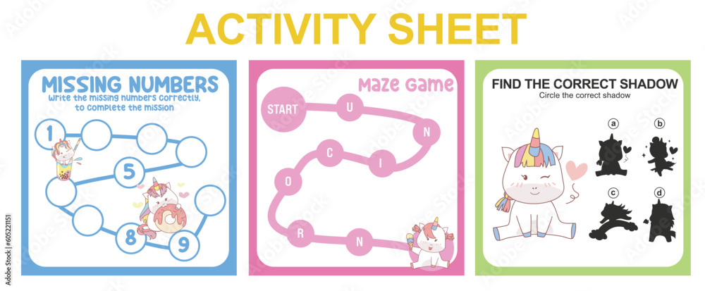 Activity sheet for children. 3 in 1 Educational printable worksheet. Missing numbers, maze game, and matching shadow worksheet. Vector illustrations.