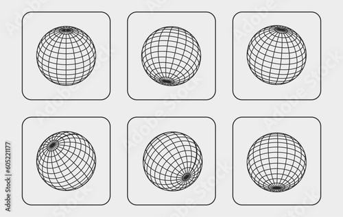 Futuristic retro geometry design elements set. Brutalism sphere vector shapes. Geometry wireframe grid symbol