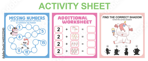 Activity sheet for children. 3 in 1 Educational printable worksheet. Missing numbers  counting worksheet and matching shadow worksheet. Vector illustrations.