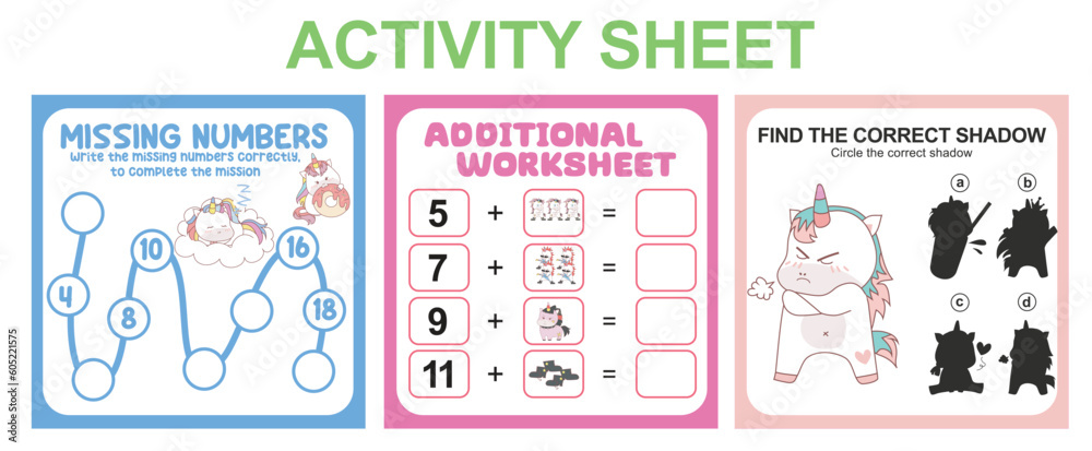 Activity sheet for children. 3 in 1 Educational printable worksheet. Missing numbers, counting worksheet and matching shadow worksheet. Vector illustrations.
