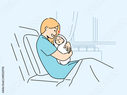 Happy woman sit in hospital bed cuddling newborn baby. Smiling mother after childbirth with cute innocent child in clinic. Motherhood. Vector illustration. 