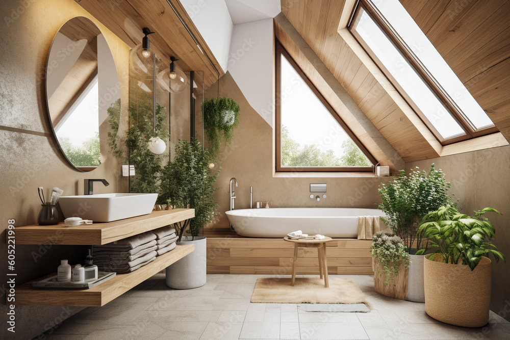 Fototapeta premium Modern cozy wooden bathroom, eco interior design with beige colors and plants. Super photo realistic background, generative ai illustration