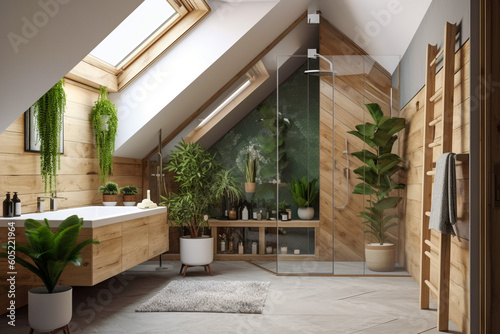 Modern cozy wooden bathroom, eco interior design with beige colors and plants. Super photo realistic background, generative ai illustration