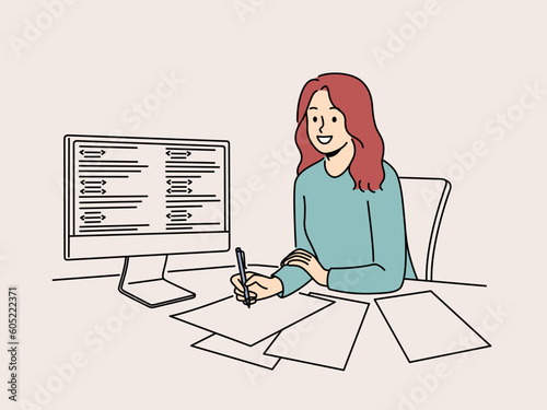 Smiling girl sit at desk working on computer taking notes. Happy woman employee study on PC handwrite data on paper. Digital learning and IT class. Vector illustration. 