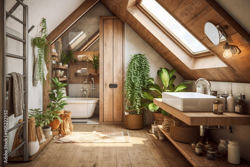Modern cozy wooden bathroom, eco interior design with beige colors and plants. Super photo realistic background, generative ai illustration