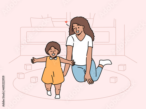 Smiling African American mother playing at home with child toddler. Happy black mom have fun enjoy day with cute little baby. Motherhood. Vector illustration. 