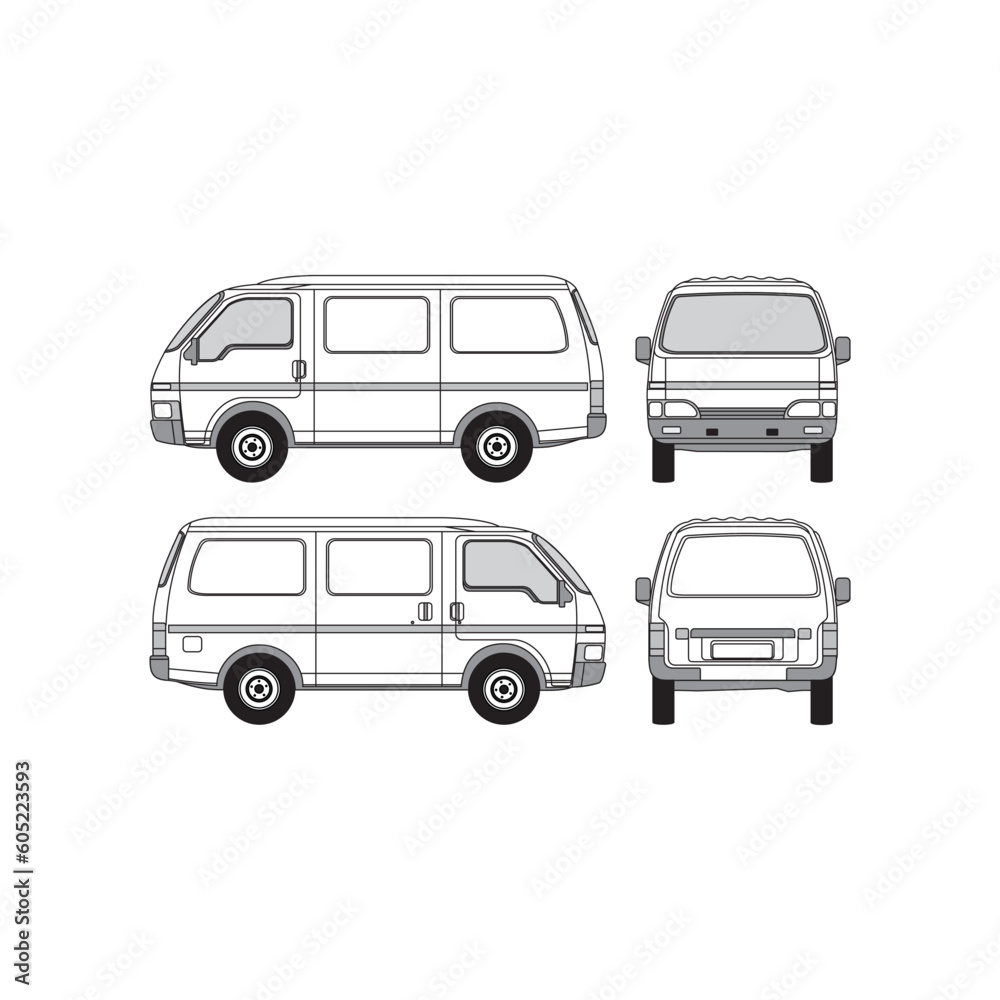 van outline, year 1992, freight and forwarding, isolated white background, front, back and side view, part 2