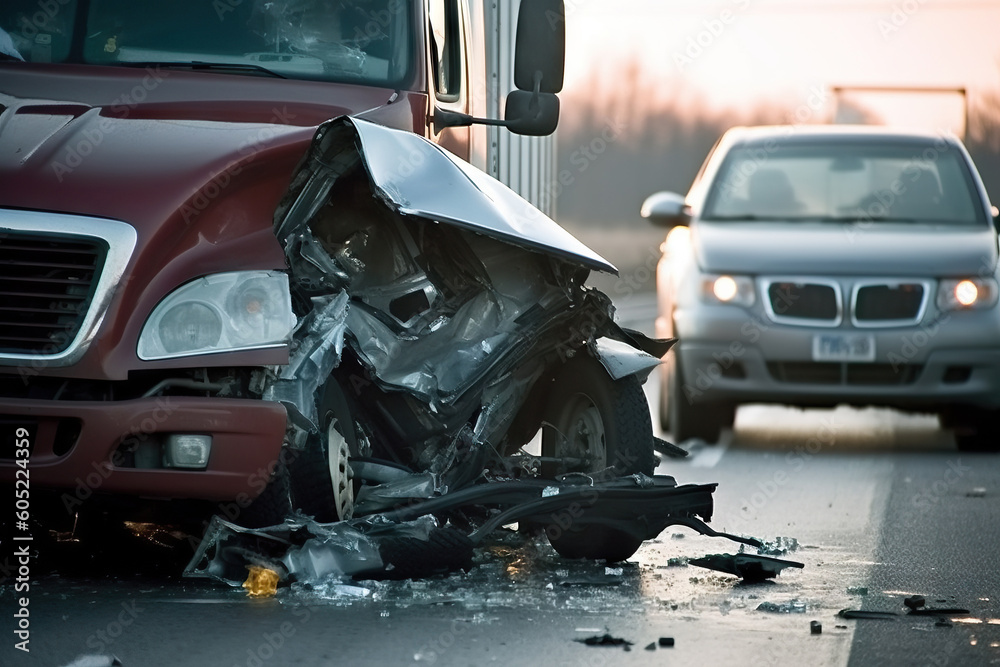 Car crash accident with TIR truck on road. Generative AI. - obrazy, fototapety, plakaty 