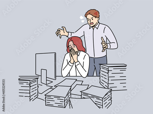 Angry boss scream at exhausted female employee overwhelmed with paperwork in office. Furious male employer yell at stressed worker at workplace. Vector illustration. 