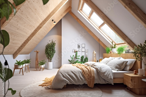 Modern cozy wooden bedroom, eco interior design with beige colors and plants. Super photo realistic background, generative ai illustration