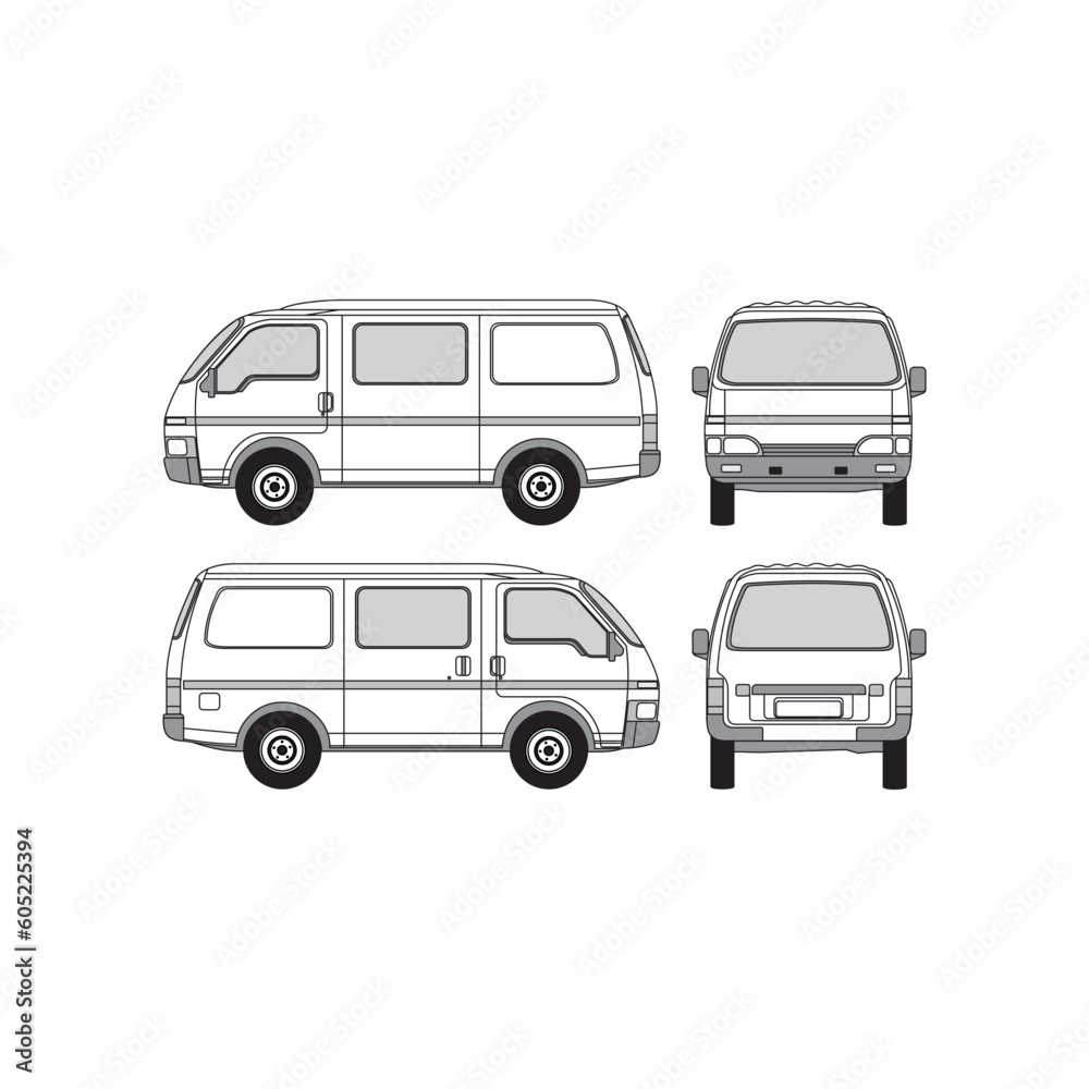 van outline, year 1992, freight and forwarding, isolated white background, front, back and side view, part 3 van outline, year 1992, freight and forwarding, isolated white background, front, back and side view, part 3