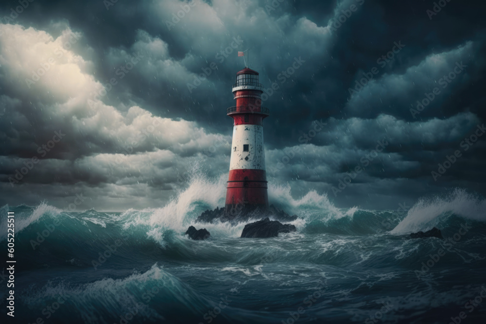 Lighthouse in the middle of the sea during stormy day. Big waves and moody weather. Somewhere on the planet earth, thunderstorm.