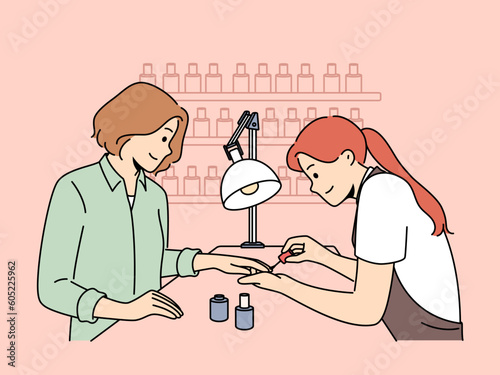 Beautician make manicure for female client in salon. Nail master work with woman customer in saloon. Beauty and cosmetology. Vector illustration. 