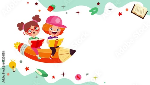 Animation Of Children Reading Book On Pencil