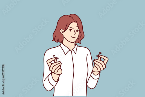Sneaky woman showing money gesture wanting cash for lobbying or getting insider information. Sneaky girl with selfish expression greets to receive bribe for anti-corruption concept
