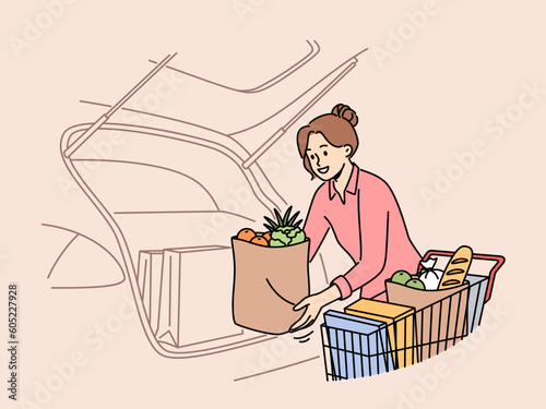 Smiling woman unload groceries into car trunk from supermarket cart. Happy housewife putting bags with products and vegetable from shop into automobile. Vector illustration. 