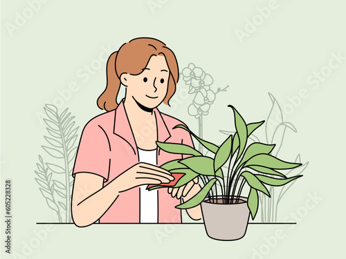 Smiling woman clean leaves on houseplant. Happy girl take care of plant at home. Gardening and hobby concept. Vector illustration. 