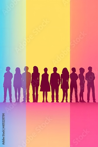 Silhouette group of adult people transgender men and women with rainbow colors. Generative AI