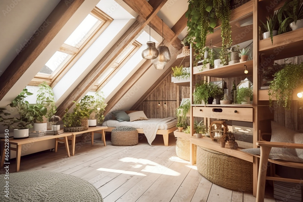 Fototapeta premium Modern cozy wooden bedroom, eco interior design with beige colors and plants. Super photo realistic background, generative ai illustration