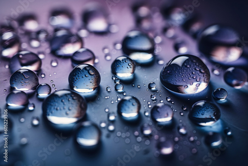 Macro shot of large water droplets on blue and lilac ombre colored surface. Generative AI. 