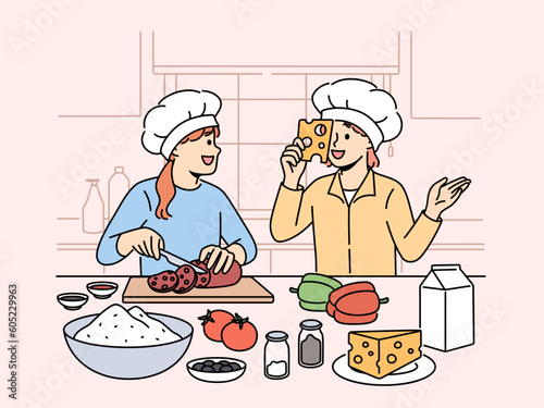 Smiling kids cooking together at home kitchen. Happy little children have fun preparing food cutting vegetables. Hobby and culinary. Vector illustration.