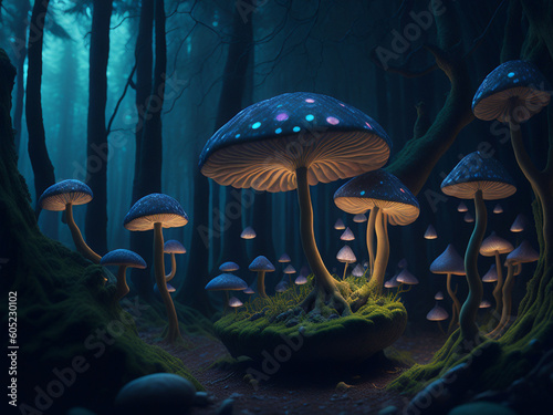 Fantasy landscape with mushrooms in the dark forest. AI generated. © MrBaks