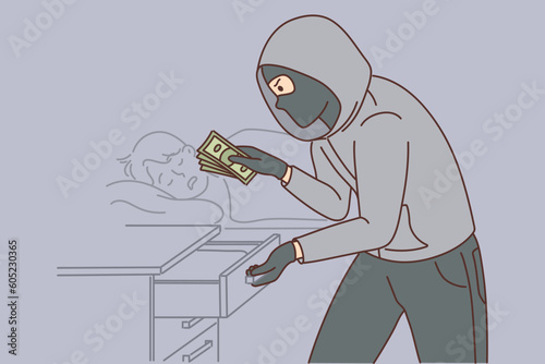 Robber steals money from drawer while victim is sleeping on bed, unaware of perpetrator