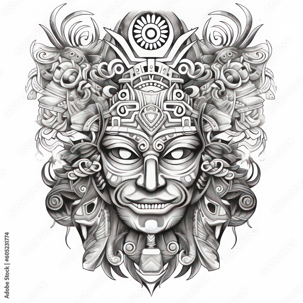 Black and white drawing of a Balinese Mask isolated on white. Tattoo idea for an ornamental mask in the style of Barong.