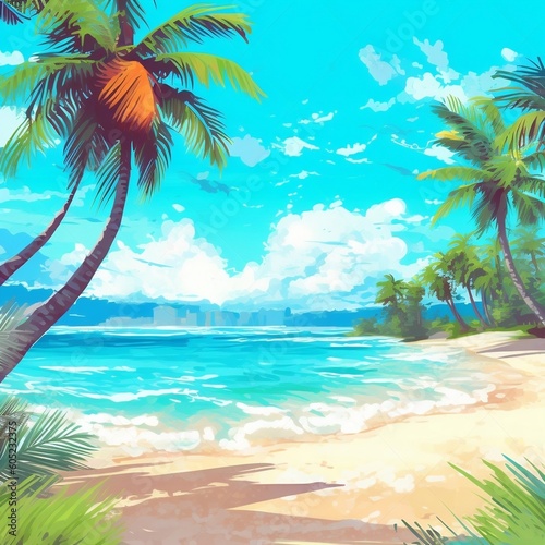 Sunny Tropical Beach with Palms Summer. Generative AI ©  Creative_studio