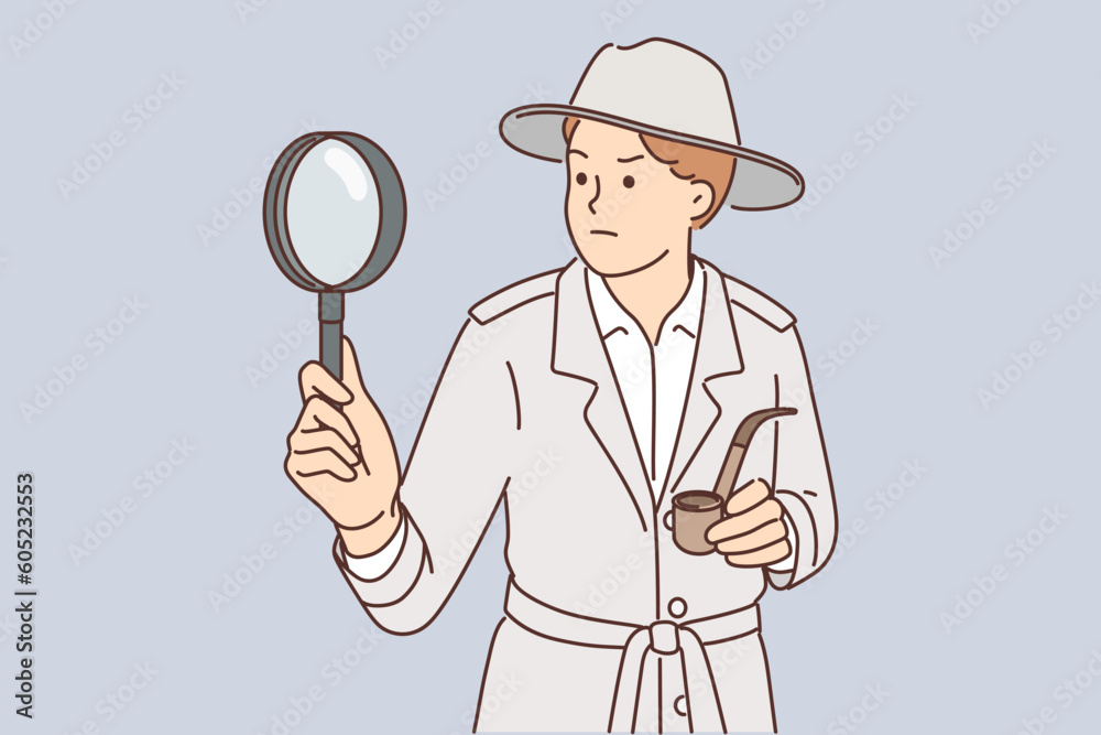 Sherlock holmes with magnifying glass investigates crime using deduction and smokes tobacco pipe Sherlock holmes with magnifying glass investigates crime using deduction and smokes tobacco pipe