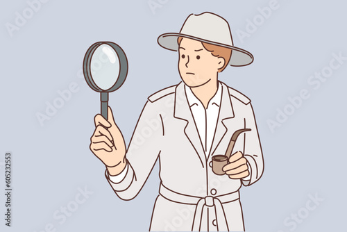 Sherlock holmes with magnifying glass investigates crime using deduction and smokes tobacco pipe