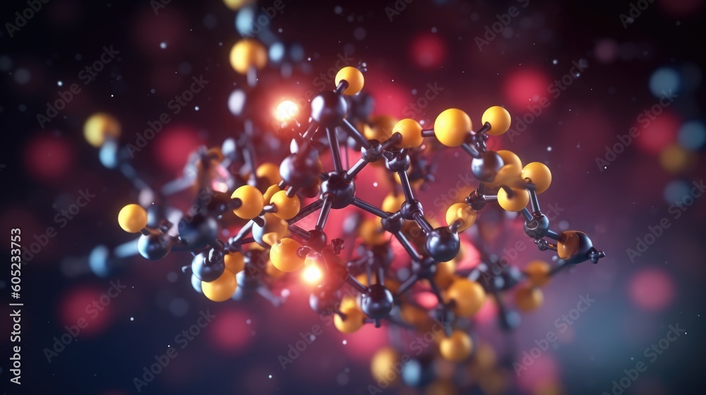 Hyper-Realistic 3D Render of an Amino Acid Molecule Floating in Starry Outer Space with Color-Coded Atoms - Generative AI Illustration - obrazy, fototapety, plakaty 