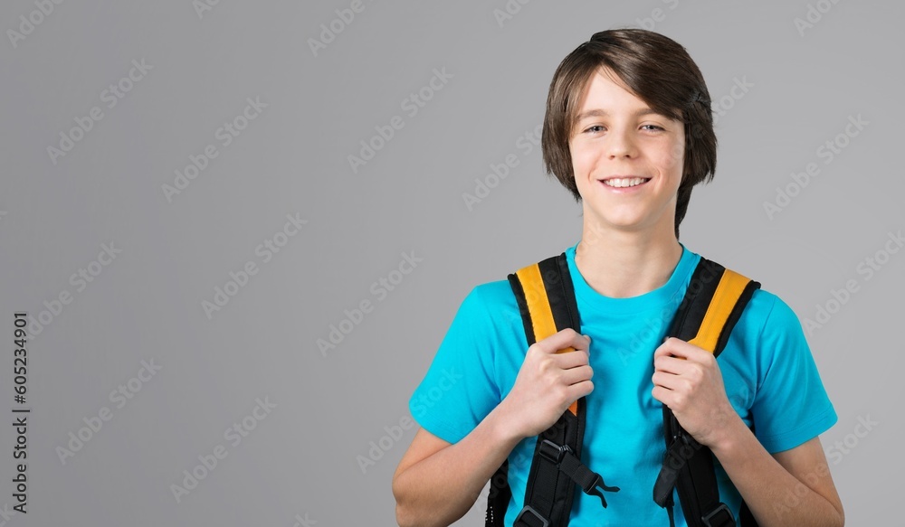 Portrait of happy small child with backpack, Portrait of happy small child with backpack,