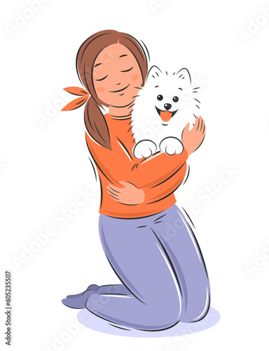 Girl petting dog. Domestic animals and owners. Friendship with animals. Pet adoption. Vector illustration