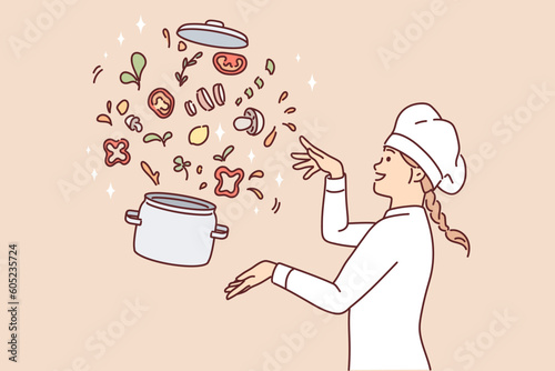 Woman chef prepares vegetable soup standing near flying pot with sliced mushrooms and herbs