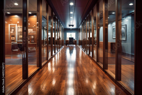 an office has several wood floors and glass wall panels © Nilima