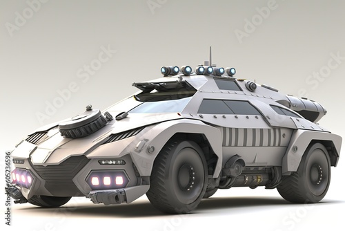 Military vehicle stands on a light background, side view. Sports car, futuristic autonomous vehicle. HUD car. Generative AI photo