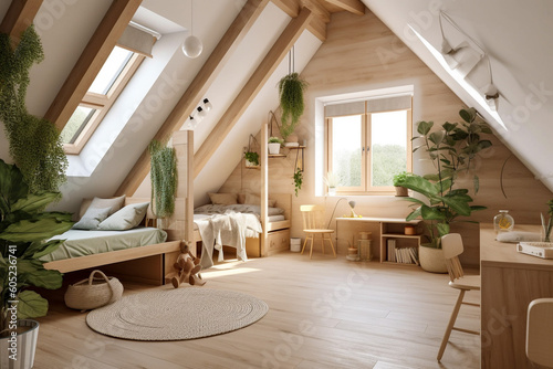 Modern cozy wooden bedroom, eco interior design with beige colors and plants. Super photo realistic background, generative ai illustration