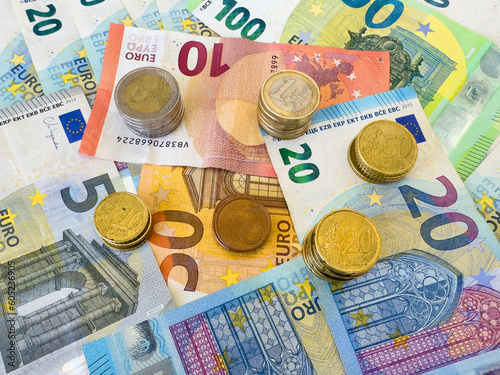 Euro coins and notes. Euro Money and cash background. Euro Money Banknotes for pay. Euro bills and coins in Crisis of the European Union. Coins and bills for pension.