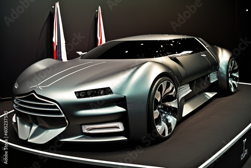 New car stands on the platform of the exhibition, side view. Sports car, futuristic autonomous vehicle. HUD car. Generative AI photo