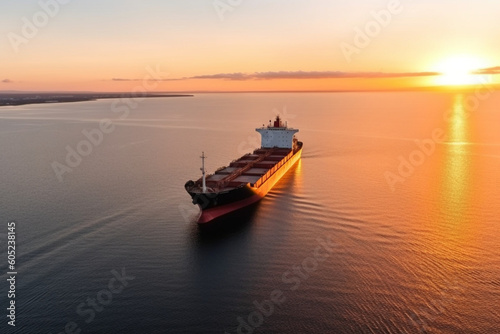 Aerial view of cargo ship bulk carrier is loaded with grain of wheat in port at sunset photo