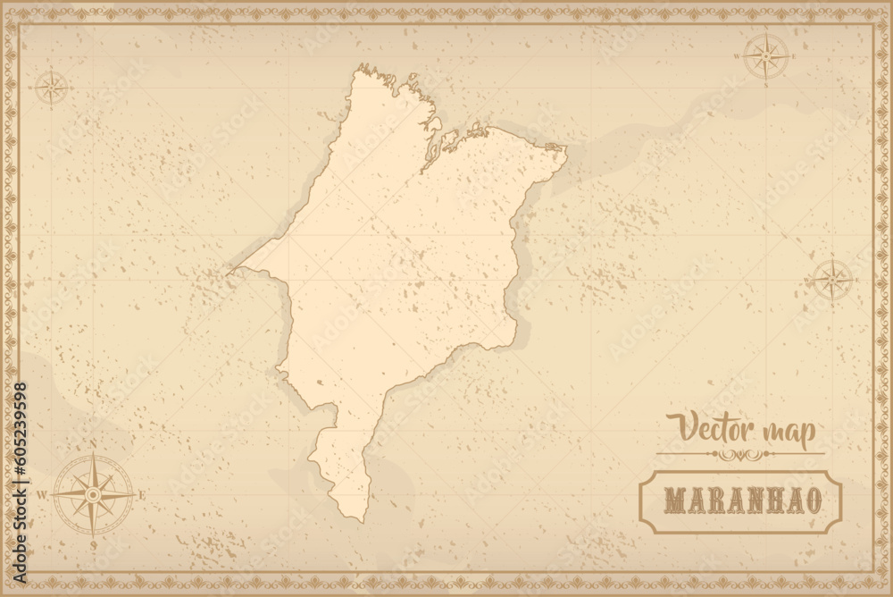 Map of Maranhão in the old style, brown graphics in retro fantasy style. Federative units of Brazil.