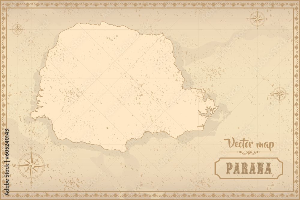 Map of Paraná in the old style, brown graphics in retro fantasy style. Federative units of Brazil.