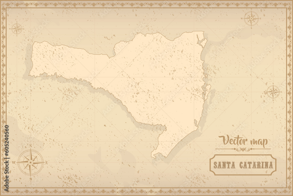 Map of Santa Catarina in the old style, brown graphics in retro fantasy style. Federative units of Brazil.