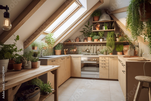 Modern cozy kitchen, eco interior design with beige colors and plants. Super photo realistic background, generative ai illustration