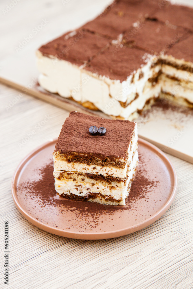Tiramisu Cake, made from ladyfinger brushed with espresso and filled with creamy mascarpone cream Tiramisu Cake, made from ladyfinger brushed with espresso and filled with creamy mascarpone cream