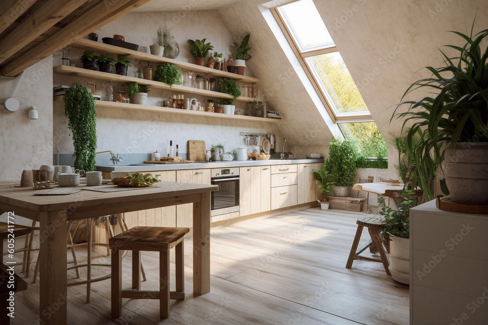 Modern cozy kitchen, eco interior design with beige colors and plants. Super photo realistic background, generative ai illustration