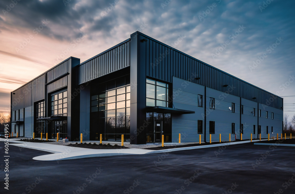 a large industrial building with an open door