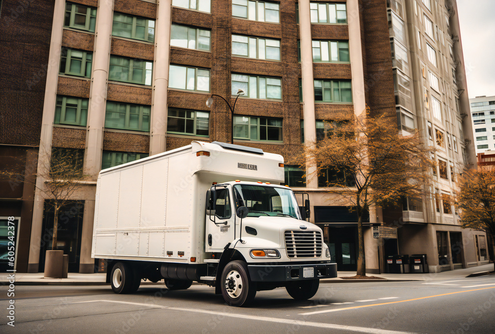 a white delivery truck in front of tall buildings